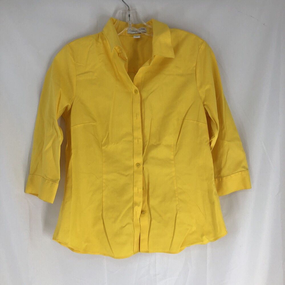 Coldwater Creek Women's Petite XS Yellow Solid Collared 3/4 Sleeve Button-Up